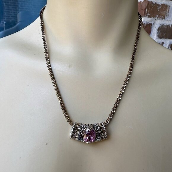 Necklace w Slide Pendant 17" Oval Pink Gem Ornate 925 Sterling Gold Plated 22.3g - Picture 1 of 12